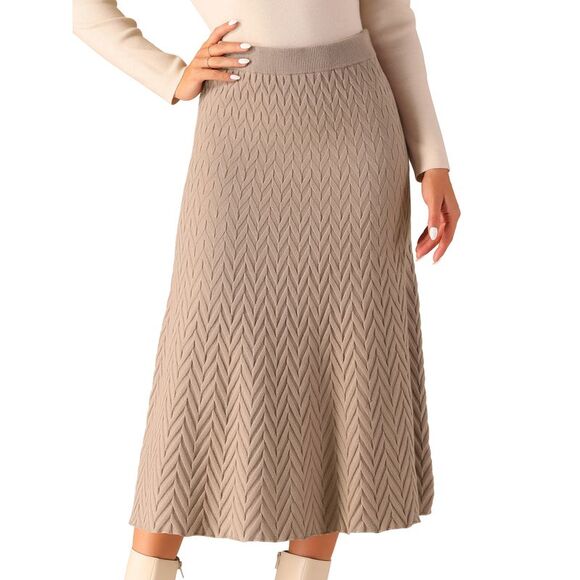 Elastic High Waist Stretchy Sweater Midi Skirt Brown - Picture 1 of 5
